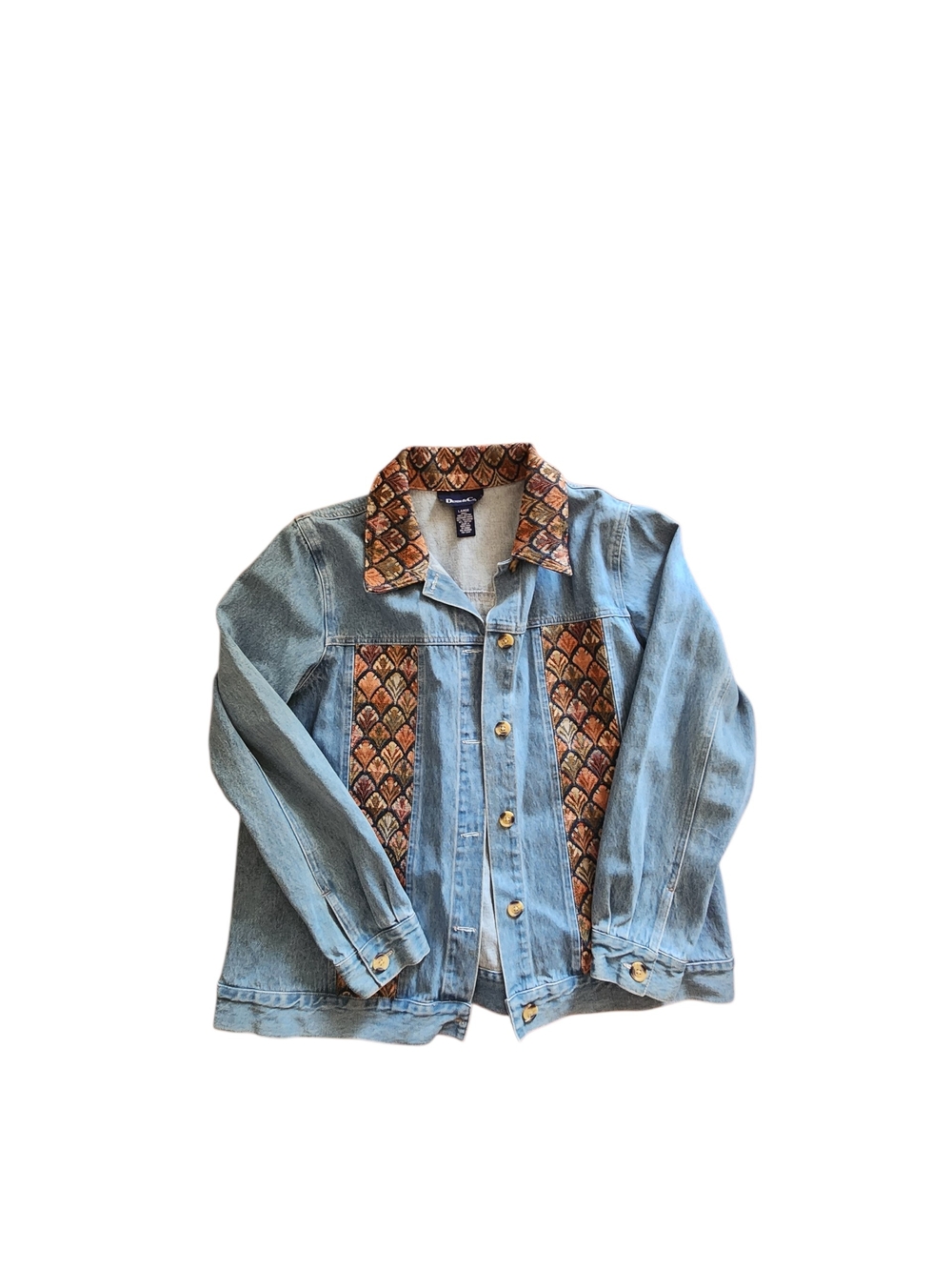 Denim&Co VTG Light Blue Denim Jacket with Aztec Southwestern Patterned Trim - L